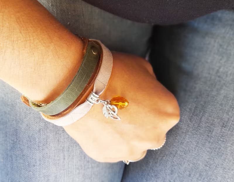 Leather Wrap Bracelet with Silver Charms and Yellow Faceted Crystal Pendant