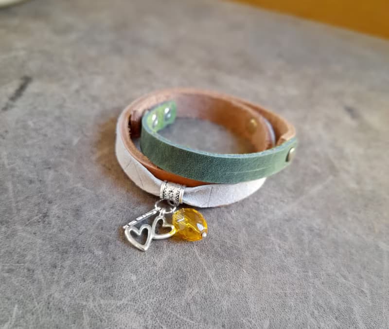 Leather Wrap Bracelet with Silver Charms and Yellow Faceted Crystal Pendant