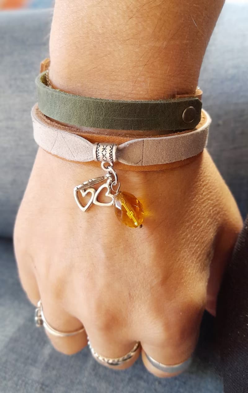 Leather Wrap Bracelet with Silver Charms and Yellow Faceted Crystal Pendant