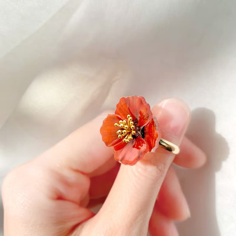 戒指 罌粟花 樹脂 開口戒 花 銀飾 水鑽 生日 禮物 手工 情人節