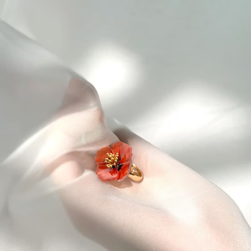 戒指 罌粟花 樹脂 開口戒 花 銀飾 水鑽 生日 禮物 手工 情人節