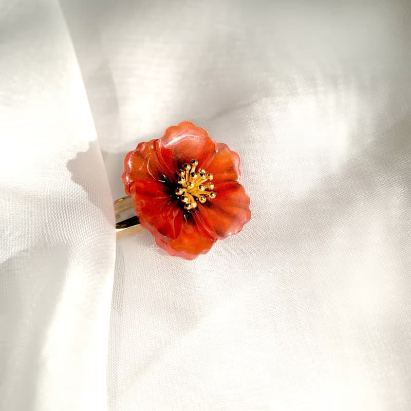 戒指 罌粟花 樹脂 開口戒 花 銀飾 水鑽 生日 禮物 手工 情人節