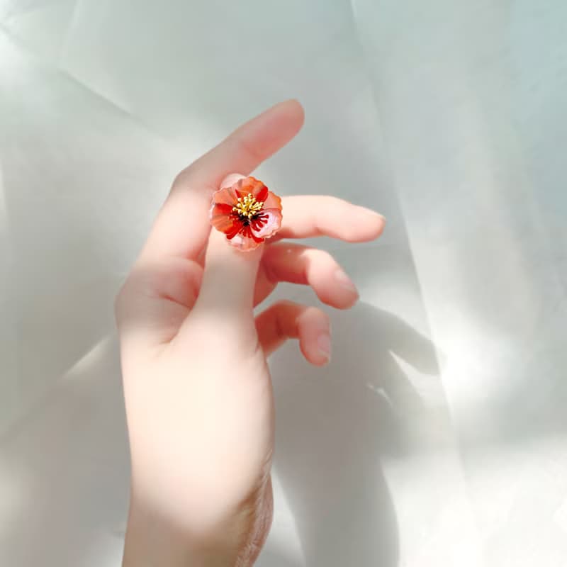 戒指 罌粟花 樹脂 開口戒 花 銀飾 水鑽 生日 禮物 手工 情人節