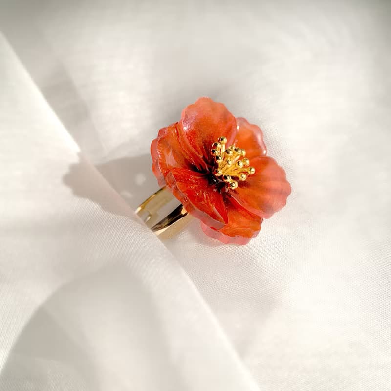 戒指 罌粟花 樹脂 開口戒 花 銀飾 水鑽 生日 禮物 手工 情人節