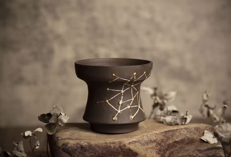 盆∣宇宙星系、黑陶鑲嵌∣局部亮光簡約盆∣塊根植物、多肉、盆缽