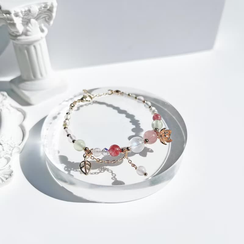 月光石 草莓晶 粉晶 葡萄石 淡水珍珠 14k包金 天然水晶手鍊