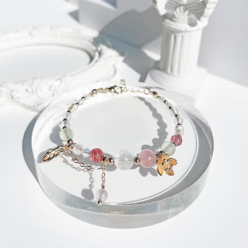 月光石 草莓晶 粉晶 葡萄石 淡水珍珠 14k包金 天然水晶手鍊