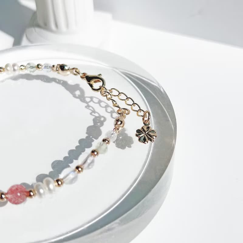 月光石 草莓晶 粉晶 葡萄石 淡水珍珠 14k包金 天然水晶手鍊