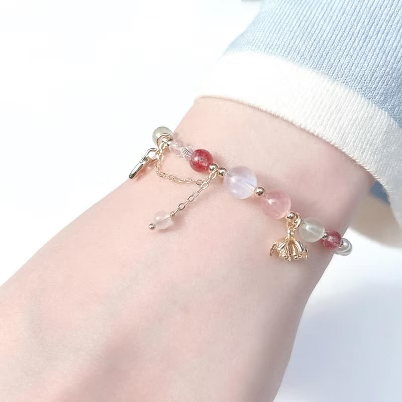 月光石 草莓晶 粉晶 葡萄石 淡水珍珠 14k包金 天然水晶手鍊