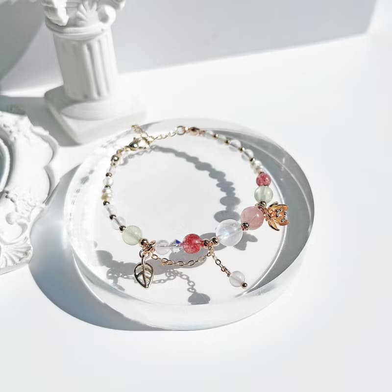 月光石 草莓晶 粉晶 葡萄石 淡水珍珠 14k包金 天然水晶手鍊