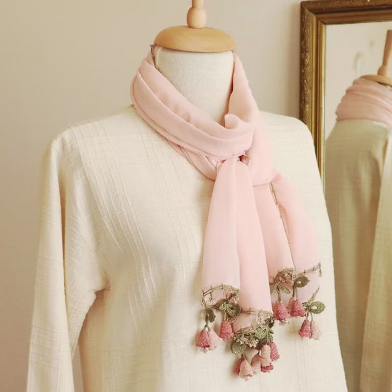 【受注製作】レースの花付き シフォンストール【カンパネラ】ベビーピンク