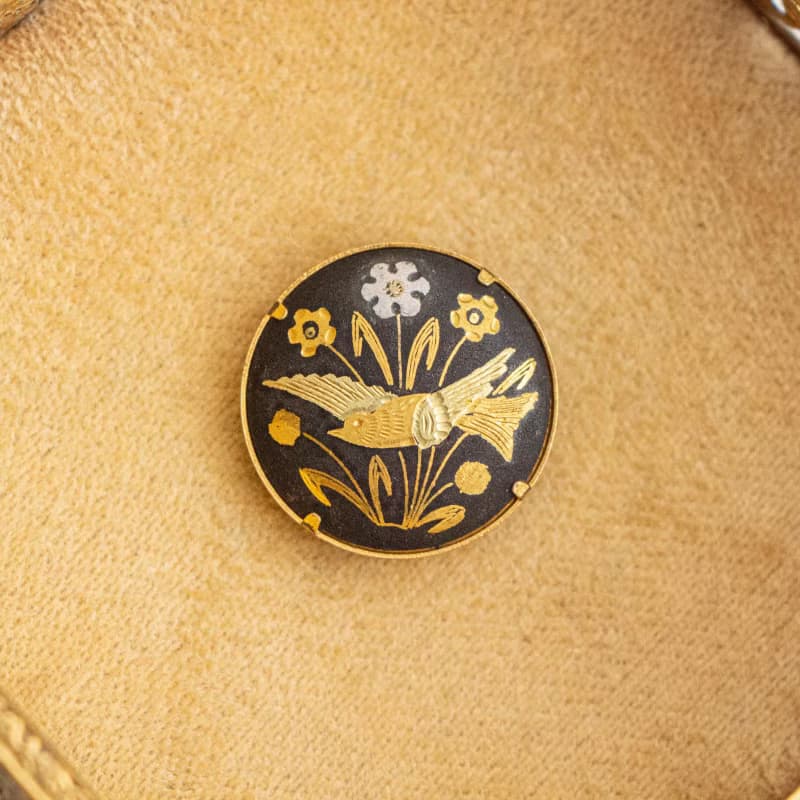 西班牙古董 大馬士革 24K/純銀鑲嵌工藝 鳥與花草圖紋 圓形別針