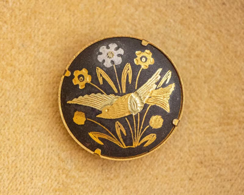 西班牙古董 大馬士革 24K/純銀鑲嵌工藝 鳥與花草圖紋 圓形別針