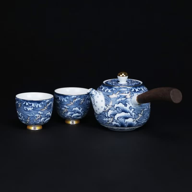 黑檀木手握壺海浪奔翔 青花瓷 茶具組│母親節禮盒│畢業禮物