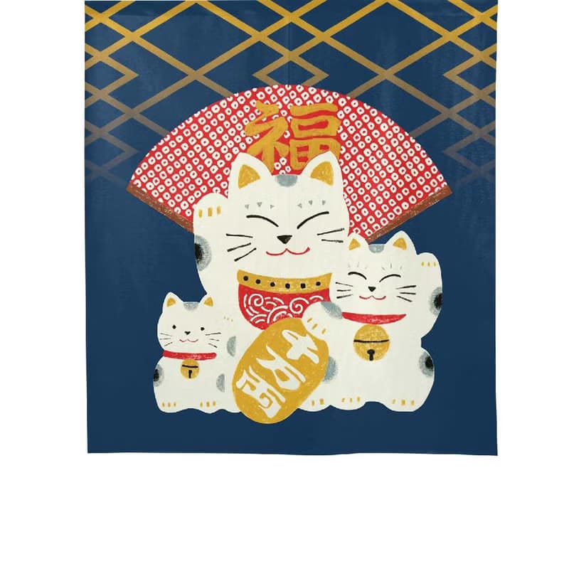 日本製コスモ中門簾 招財貓福扇 海軍藍