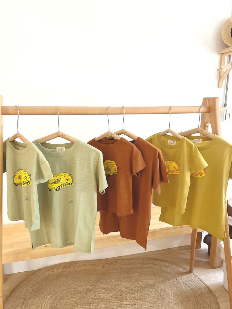 親子裝 你好垃圾車 三色夏日手工印花短袖純棉tshirt