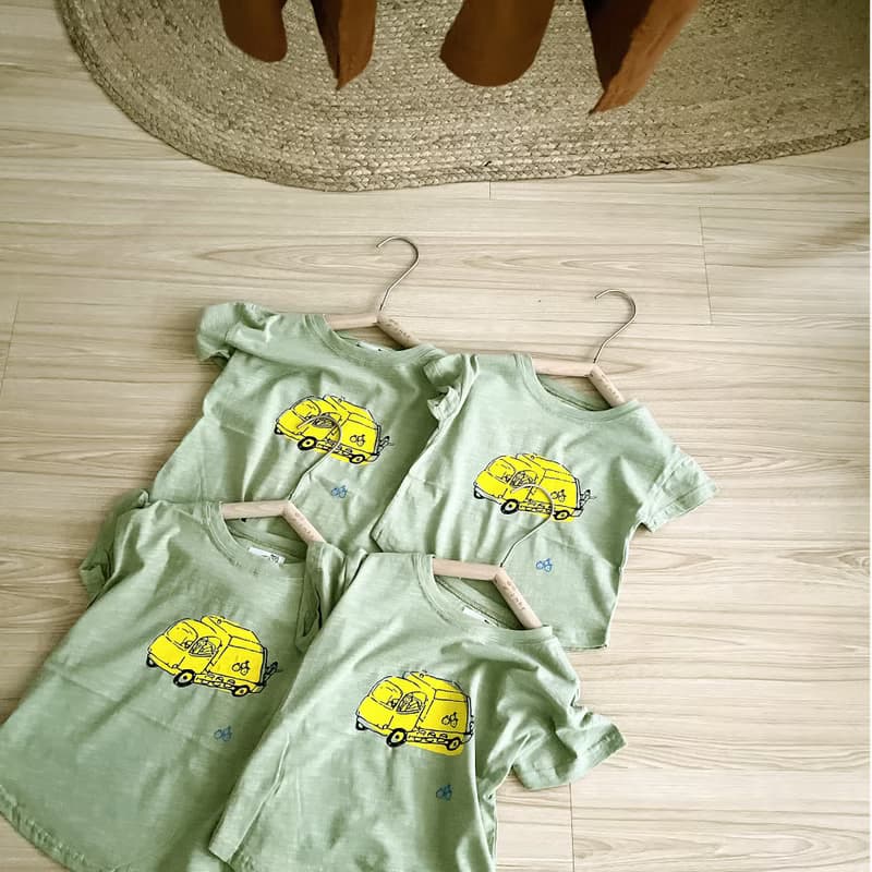 親子裝 你好垃圾車 三色夏日手工印花短袖純棉tshirt