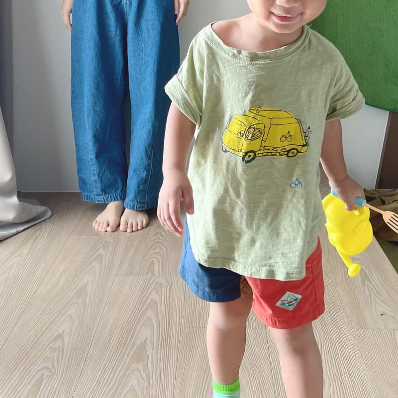 親子裝 你好垃圾車 三色夏日手工印花短袖純棉tshirt