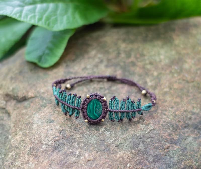 Forest Needle Charm Bracelet, malachite bracelet, macrame jewelry
