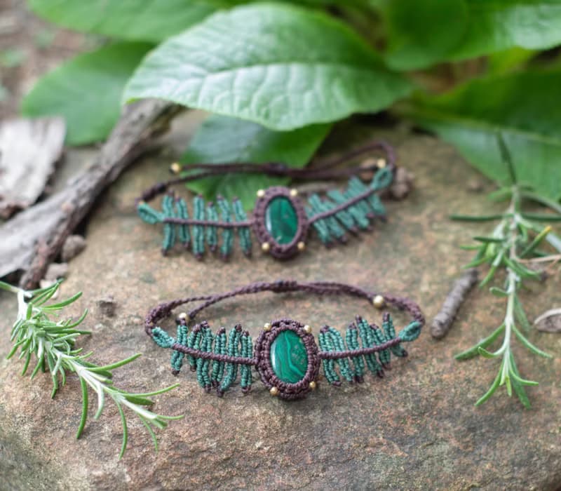 Forest Needle Charm Bracelet, malachite bracelet, macrame jewelry