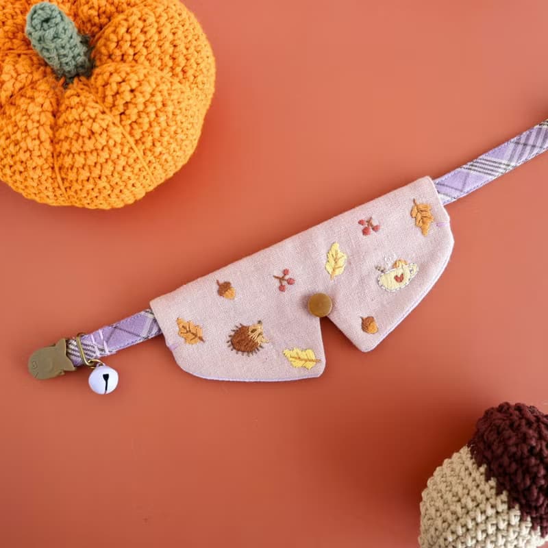 Autumn Hand embroidery collar set, free bell, Cat Collar, Breakaway cat collar