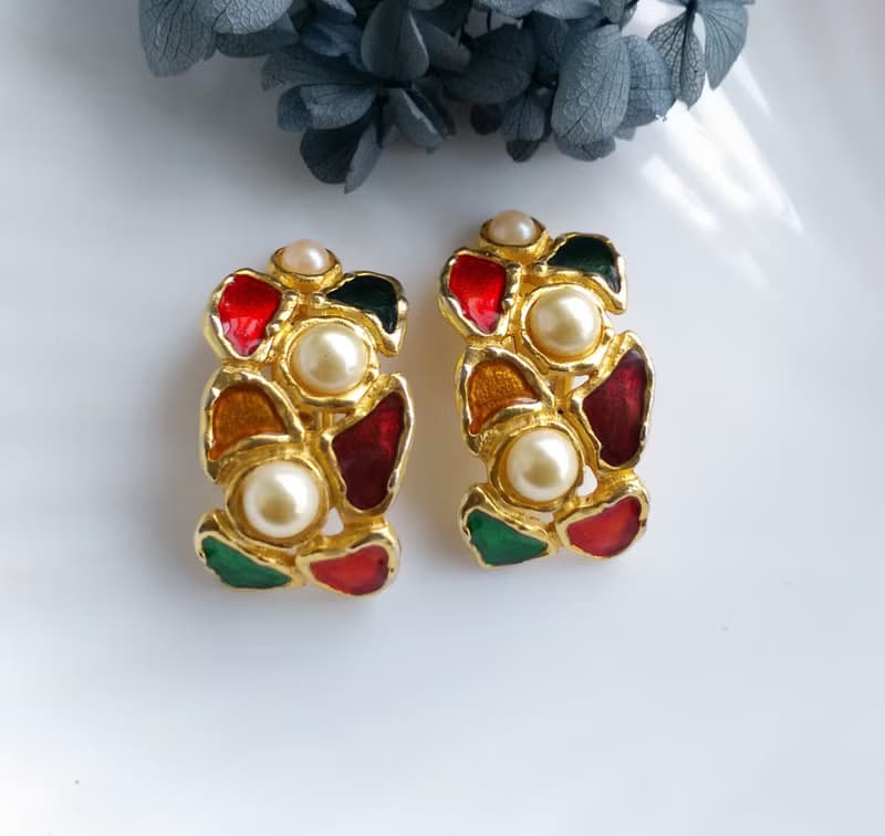【西洋古董飾品 】彩橋拼接 夾式耳環