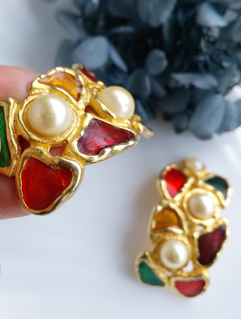 【西洋古董飾品 】彩橋拼接 夾式耳環