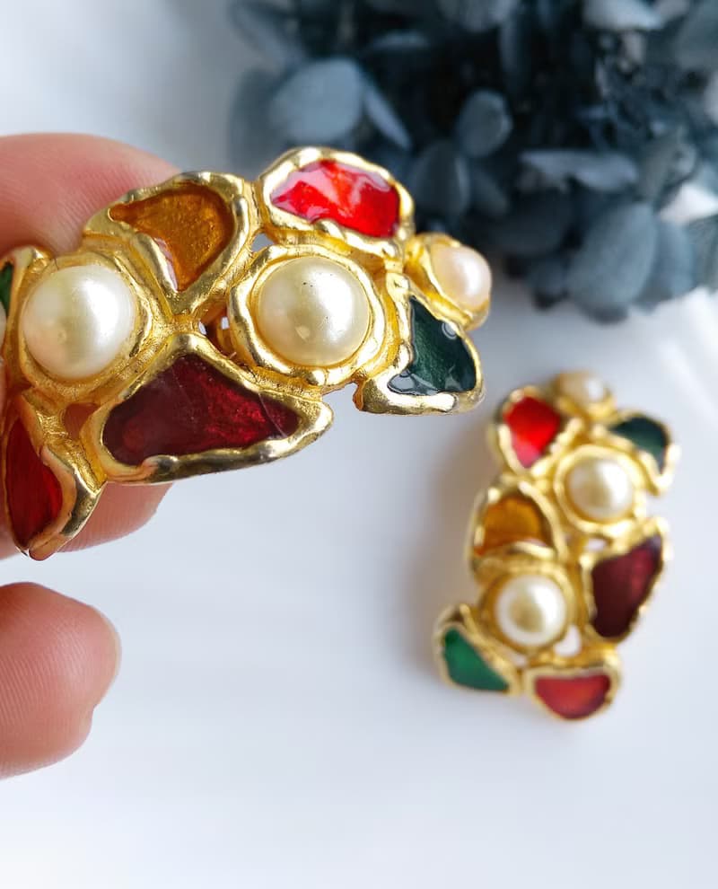 【西洋古董飾品 】彩橋拼接 夾式耳環