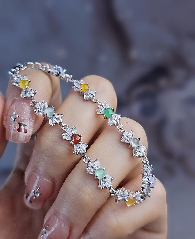 轉好運•補五行|夢幻馬卡龍彩虹多寶|緬甸翡翠純銀蝴蝶結手鏈