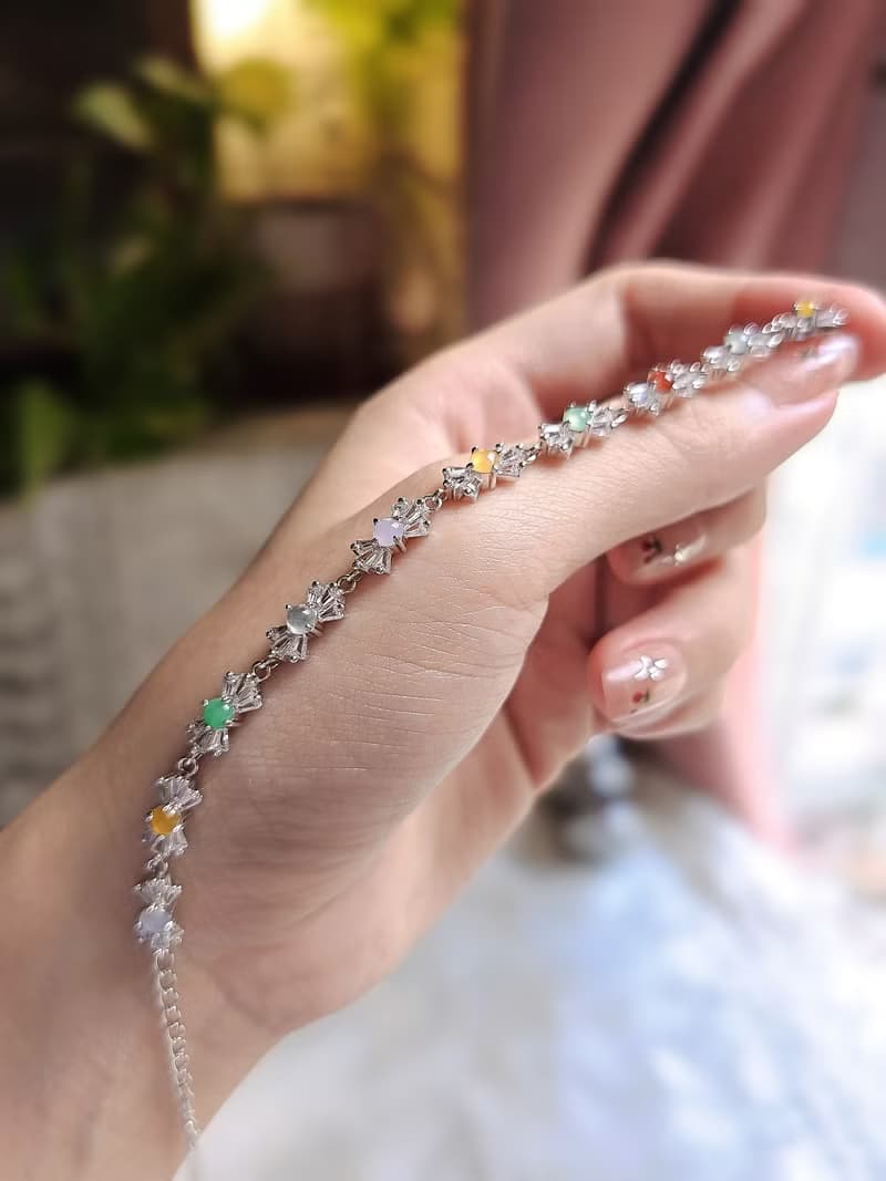 轉好運•補五行|夢幻馬卡龍彩虹多寶|緬甸翡翠純銀蝴蝶結手鏈