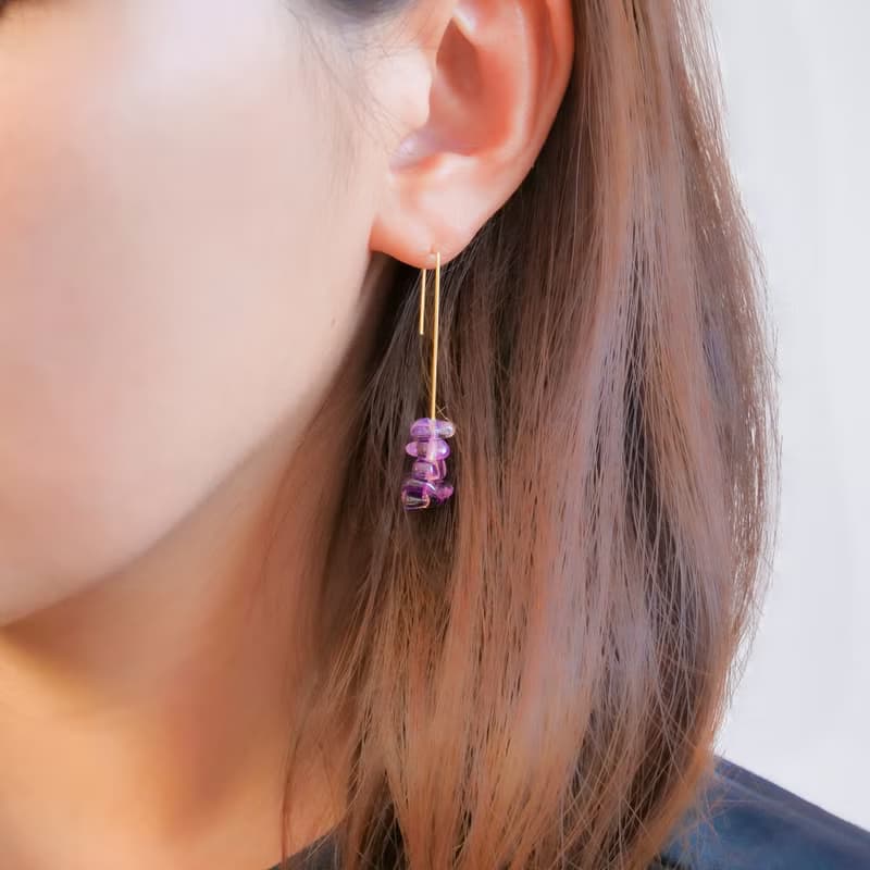 14kgf Amethyst Square Line Pierced Earrings Gift Box