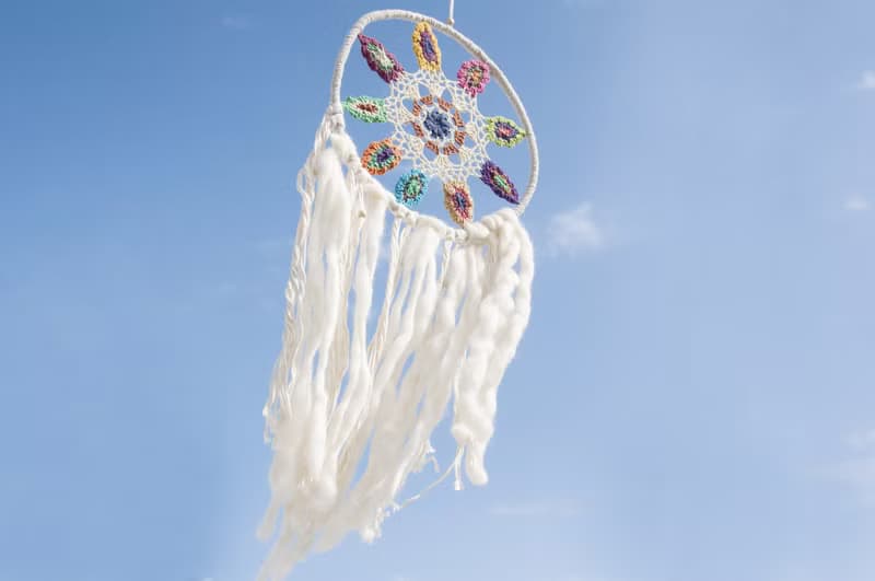 情人節禮物 母親節禮物 生日禮物 民族風 boho 手工編織棉麻彩虹色捕夢網吊飾dream Cather / 手工蕾絲捕夢網- 花朵蕾絲羊毛氈彩虹色系30cm 