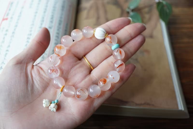 天然川料南紅瑪瑙 松石猛獁牙鈴蘭花南瓜設計單圈手串手鍊s