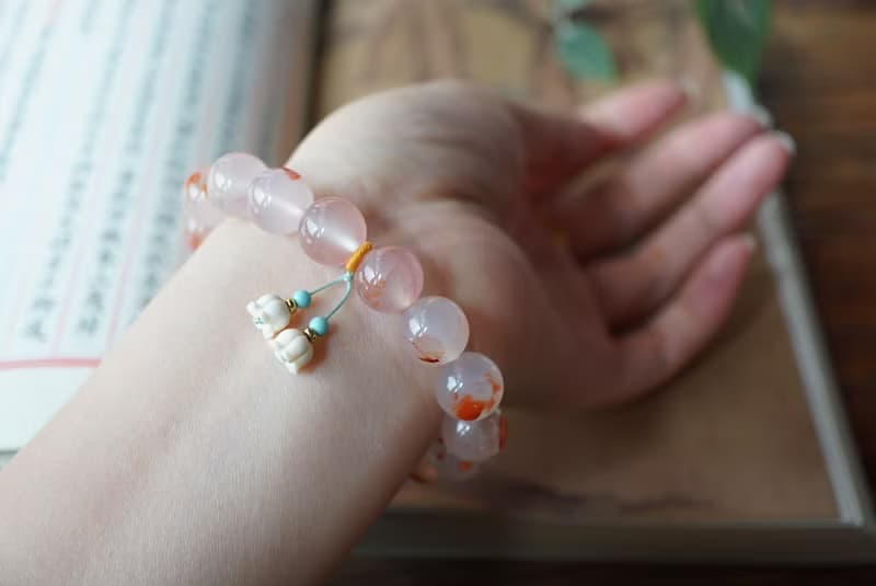 天然川料南紅瑪瑙 松石猛獁牙鈴蘭花南瓜設計單圈手串手鍊s