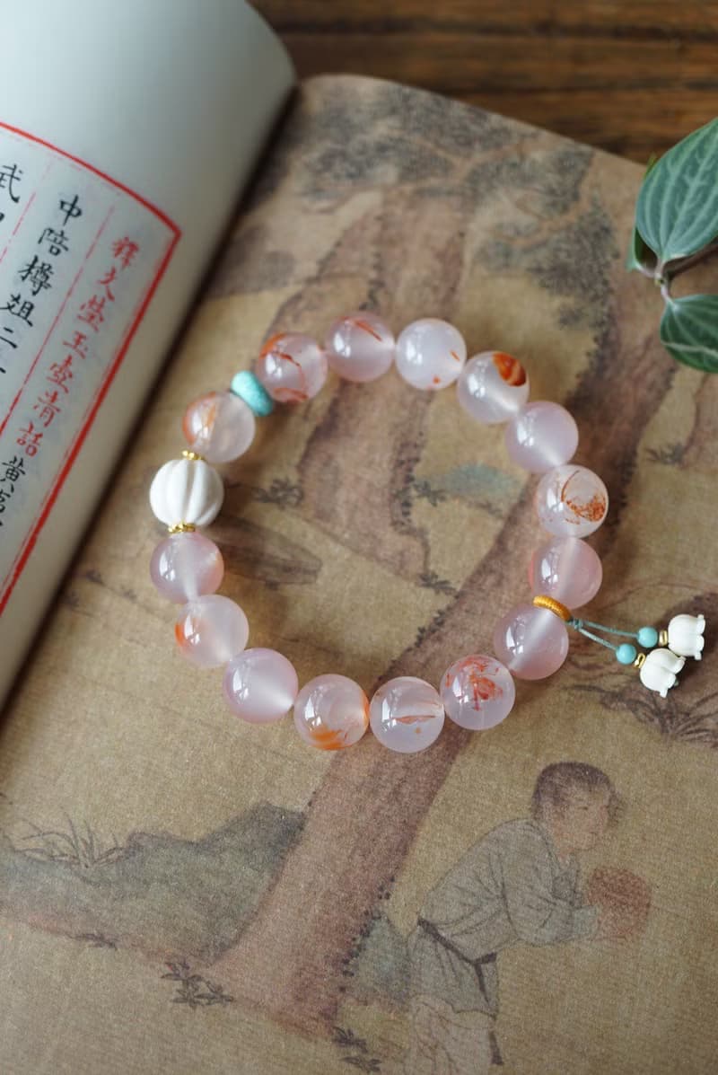 天然川料南紅瑪瑙 松石猛獁牙鈴蘭花南瓜設計單圈手串手鍊s