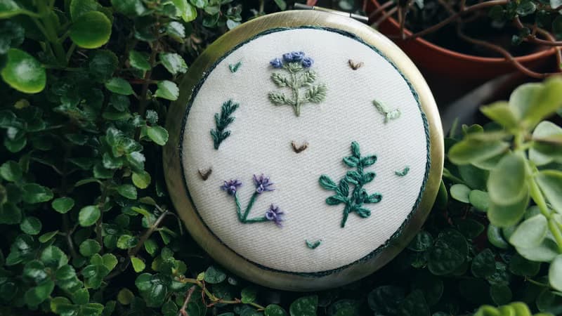 Herb Garden Embroidery | Hand-stitched Compact Mirror | Christmas Gift