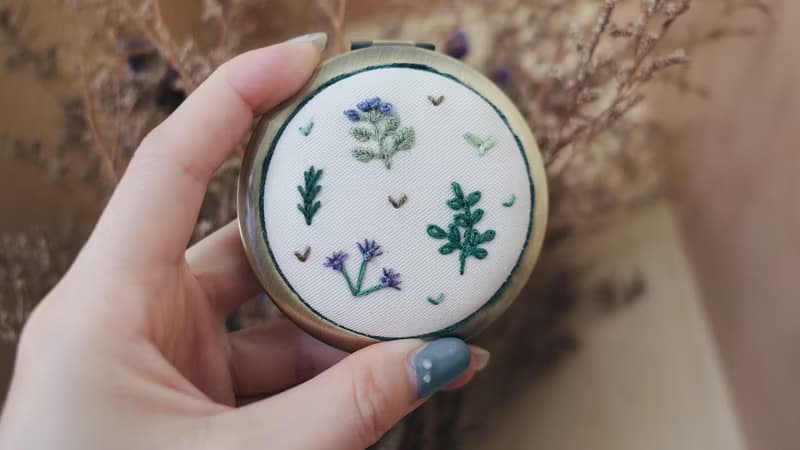 Herb Garden Embroidery | Hand-stitched Compact Mirror | Christmas Gift