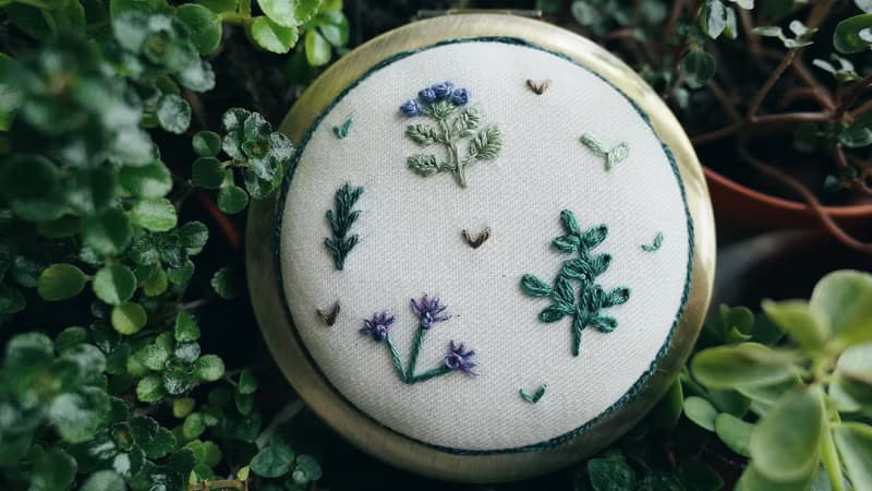 Herb Garden Embroidery | Hand-stitched Compact Mirror | Christmas Gift