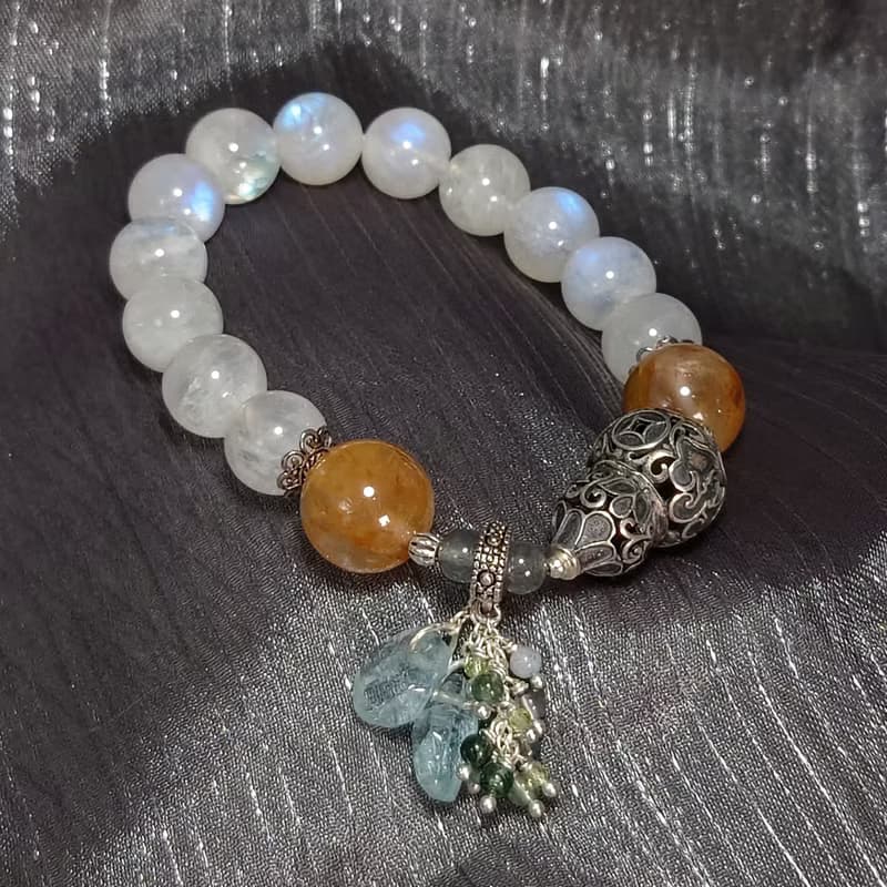 手鍊 藍光 月光石 膠花水晶 藍髮晶 海藍寶 海草瑪瑙 葫蘆 銀飾
