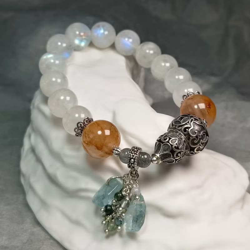 手鍊 藍光 月光石 膠花水晶 藍髮晶 海藍寶 海草瑪瑙 葫蘆 銀飾