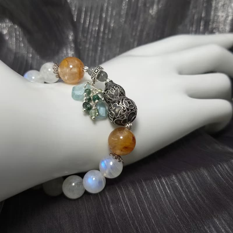 手鍊 藍光 月光石 膠花水晶 藍髮晶 海藍寶 海草瑪瑙 葫蘆 銀飾