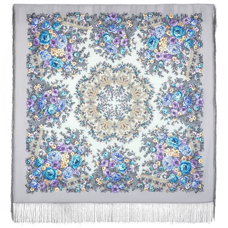 Pavlovo Posad Russian Shawl 100% Wool Scarf 125x125 cm Wrap Silk Fringe 1818-1
