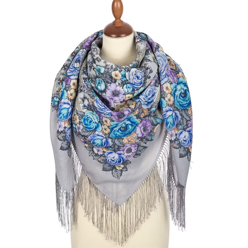 Pavlovo Posad Russian Shawl 100% Wool Scarf 125x125 cm Wrap Silk Fringe 1818-1