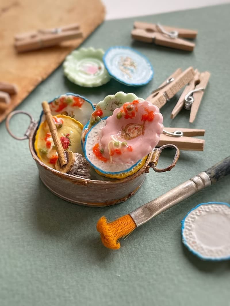A miniature basin with dirty dishes