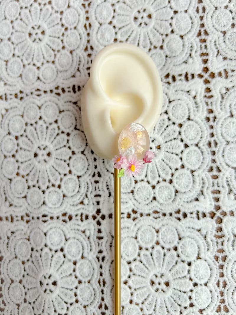 2025櫻系列 手繪寶石風櫻花枝耳環 細工布花