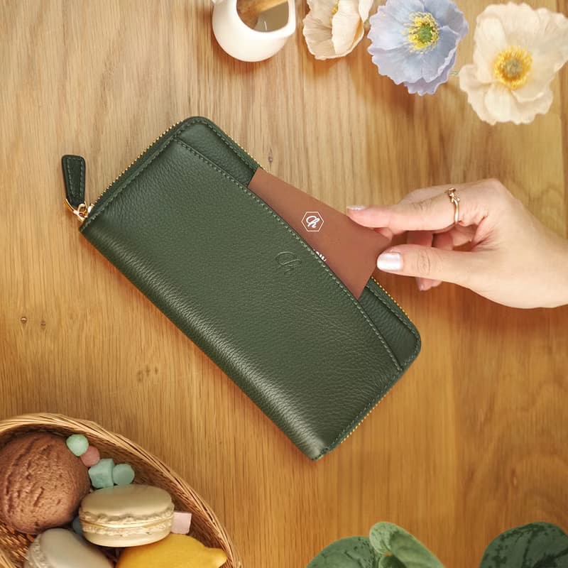 DOLLAR (Green) : Zip around long wallet, cow leather, Dark green wallet