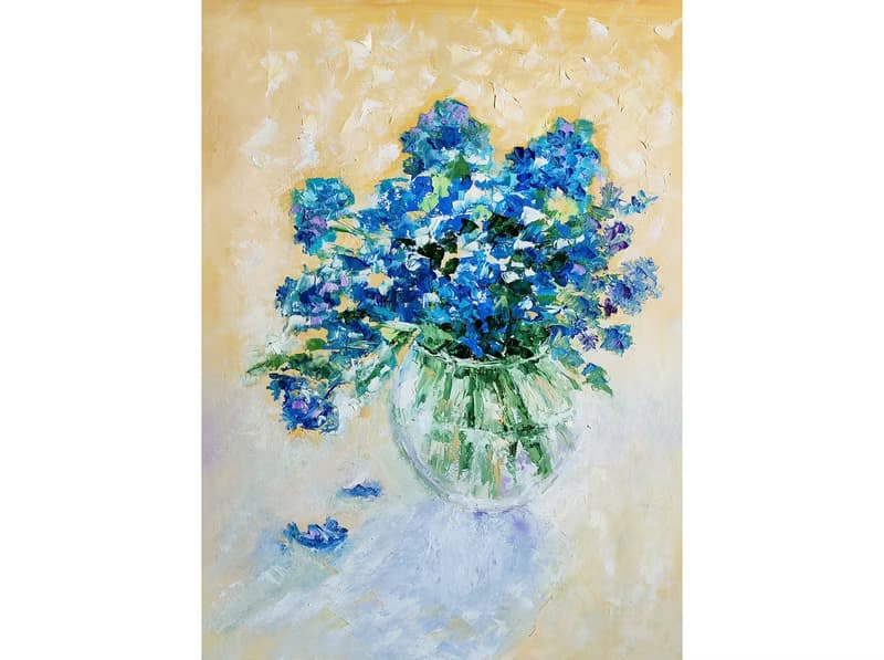 Blue Flowers Bouquet Original Painting, Forget-me-nots Art, Floral Wall Art 手工油畫