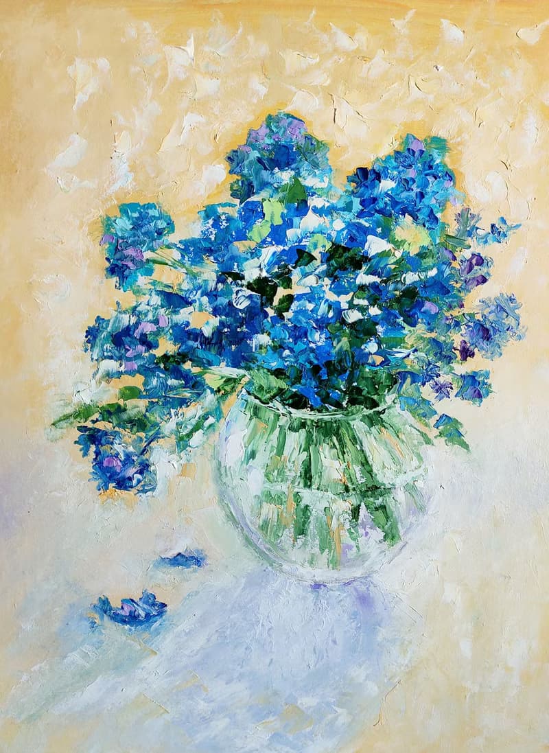 Blue Flowers Bouquet Original Painting, Forget-me-nots Art, Floral Wall Art 手工油畫
