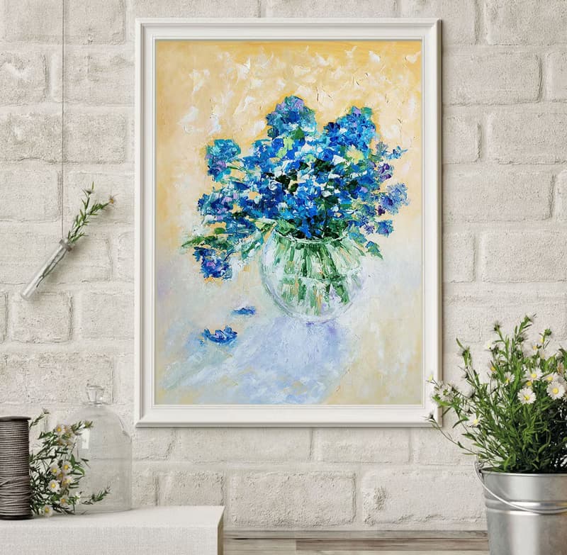 Blue Flowers Bouquet Original Painting, Forget-me-nots Art, Floral Wall Art 手工油畫