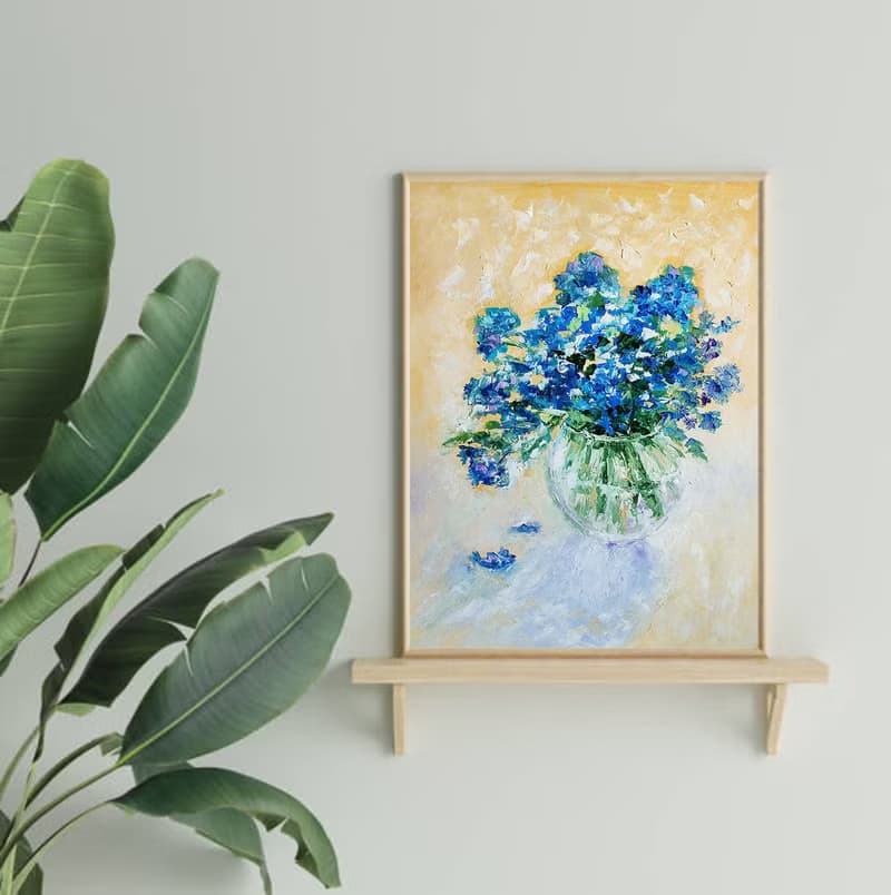 Blue Flowers Bouquet Original Painting, Forget-me-nots Art, Floral Wall Art 手工油畫